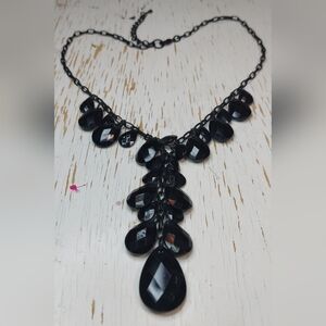 Black Glass Beaded Y Necklace Black Chain and Hanging Tear Drops Jewelry Preppy
